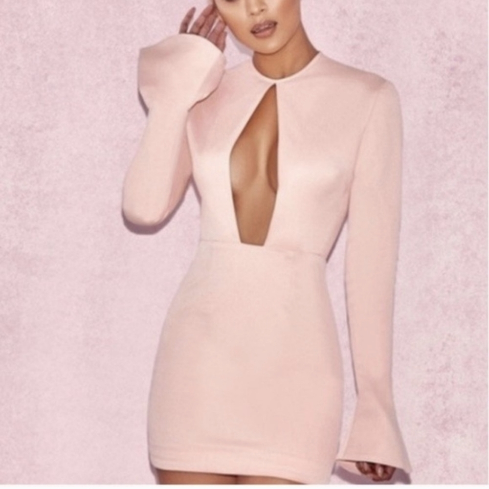 House of CB London Sexy Serena Blush Long Bell Sleeves Mini Dress